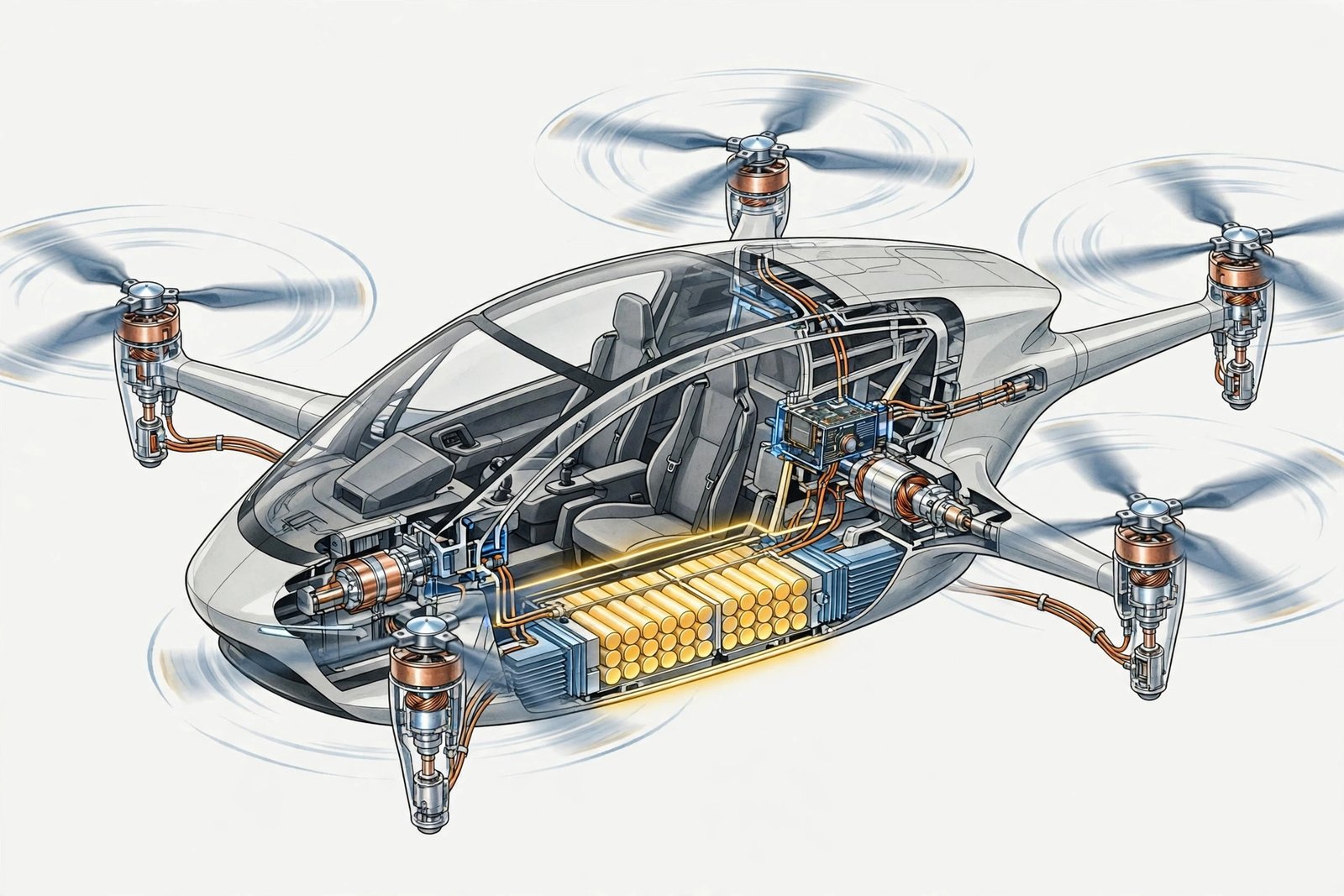 Cutaway illustration showing electric motors, propellers, and battery layout inside an eVTOL flying car