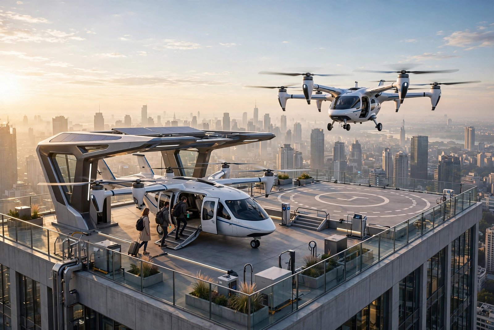 Illustration of an electric air taxi landing on a rooftop vertiport above a city skyline