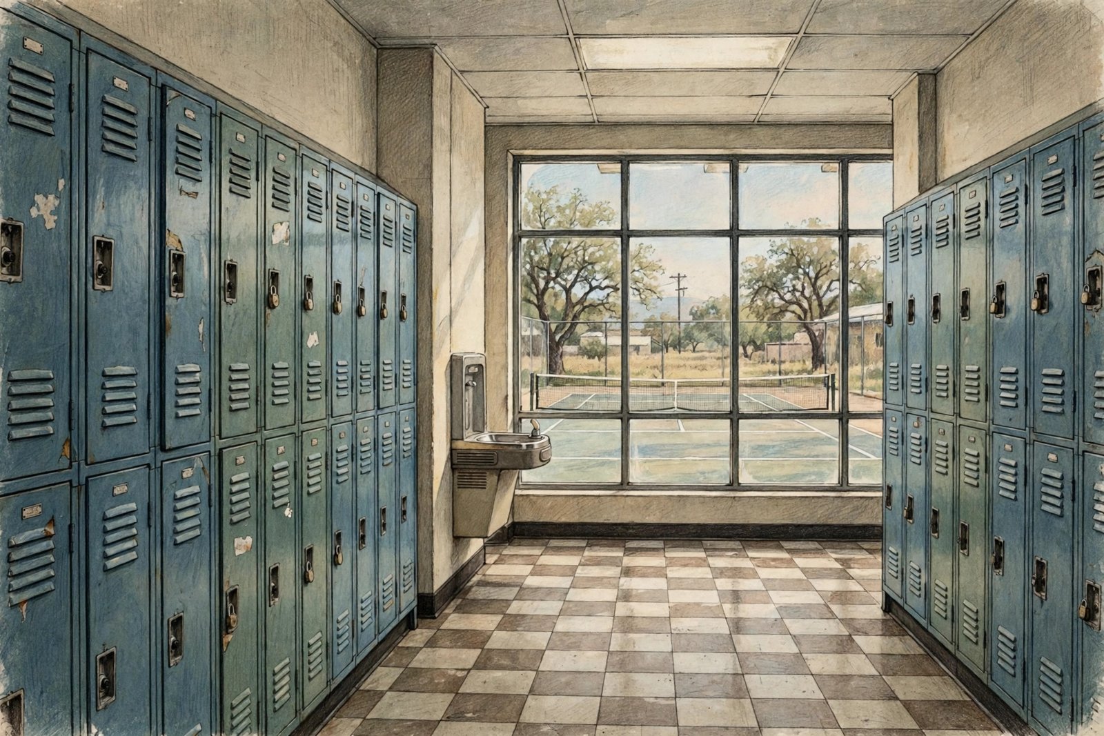 Illustration of a Texas high school and tennis court in the 1980s, representing Kathryn Burrhus and Steve Austin's early years in Texas