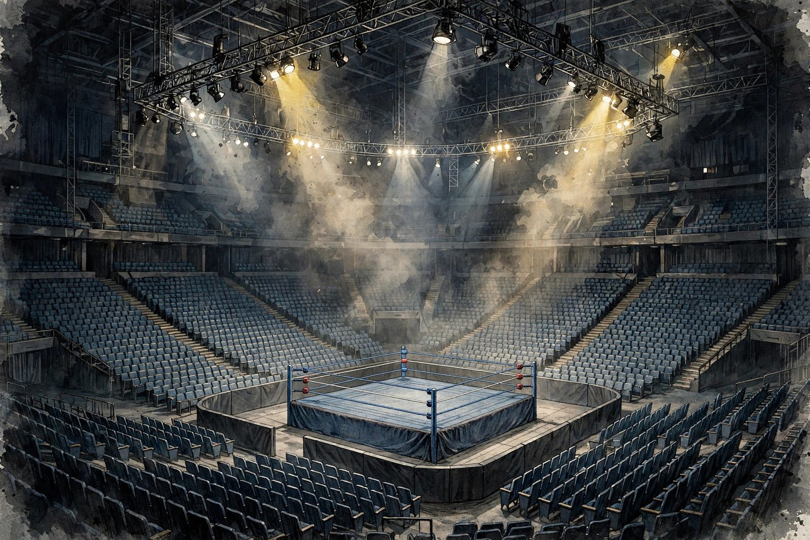 Illustration of an empty professional wrestling arena under spotlights, representing the wrestling world Steve Austin entered during his early career