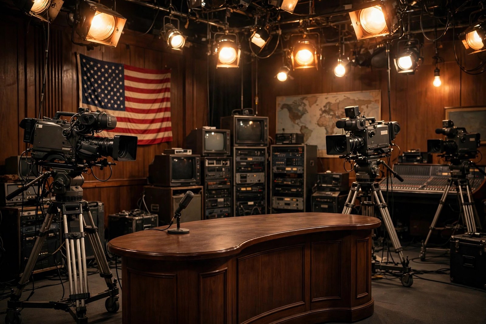 Vintage television news studio with empty anchor desk and warm broadcast lights, evoking Kaynette Williams' reported early work in television