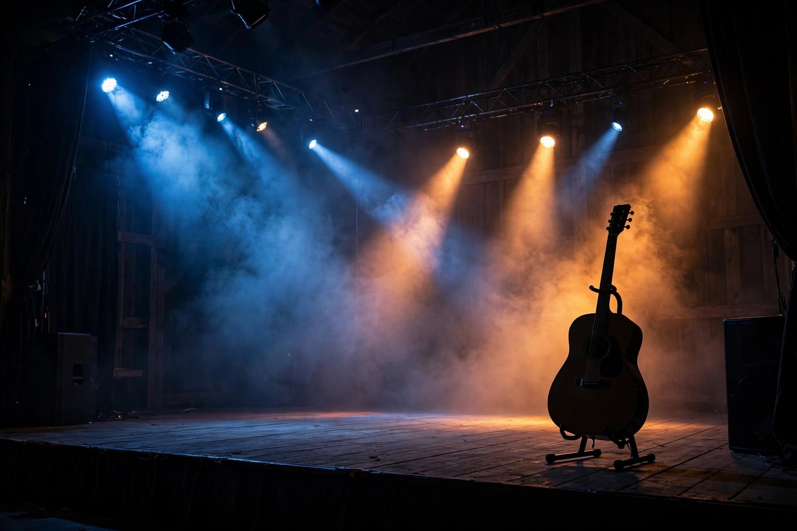 Empty country music stage with spotlights and a lone acoustic guitar, evoking the music world Kaynette Williams was part of through her first marriage