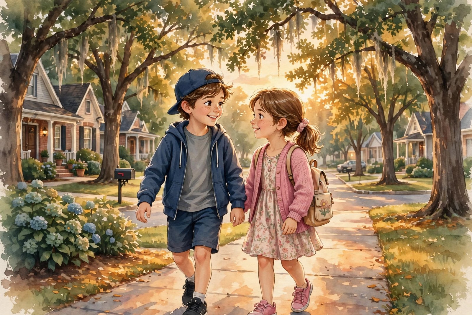 Illustrated scene of twin brother and sister walking together in an Atlanta neighborhood at golden hour, representing Lucy Elizabeth Linch and her twin John David Linch