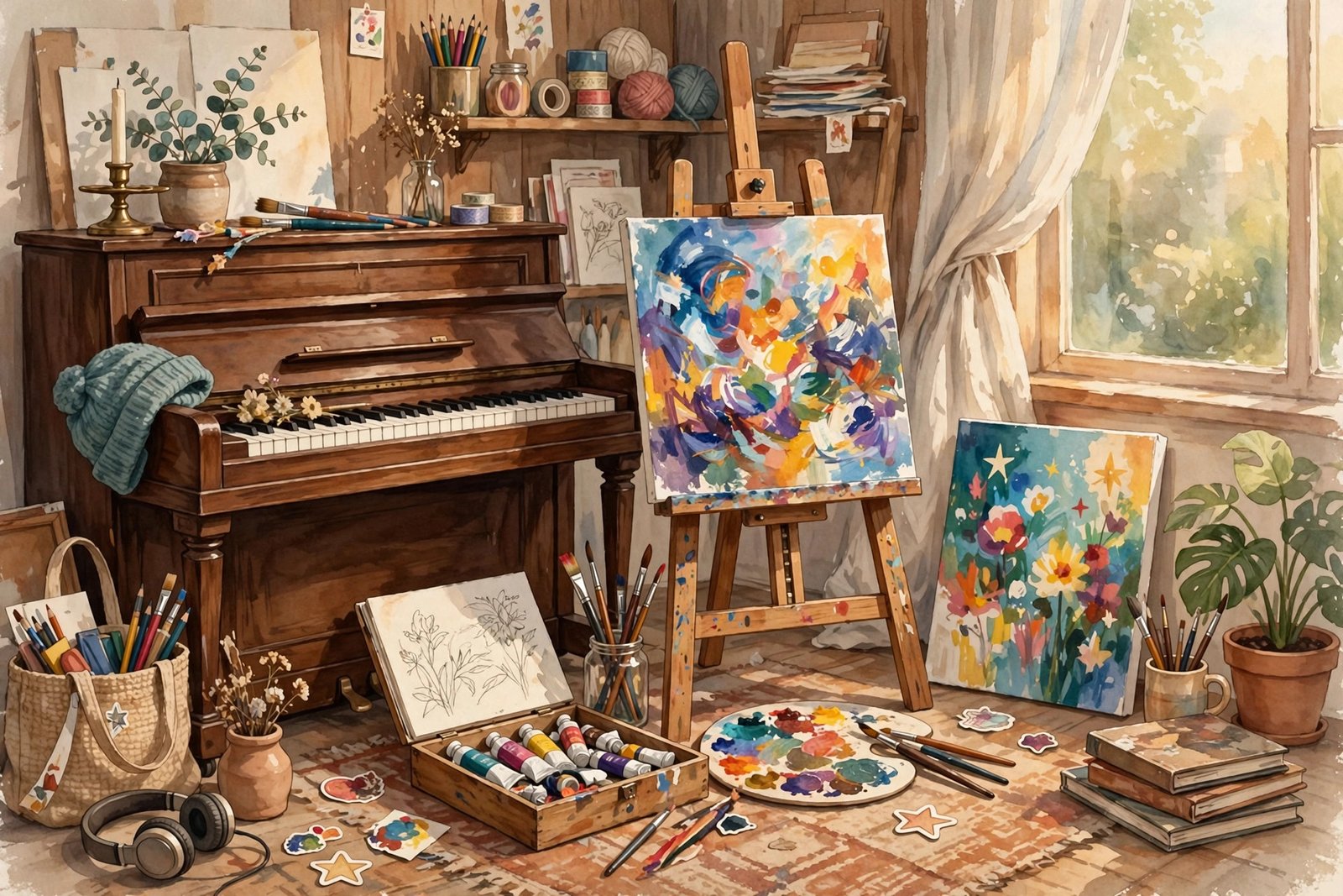 Illustrated cozy art studio with a piano and easel, representing Lucy Elizabeth Linch's reported creative hobbies of piano and painting