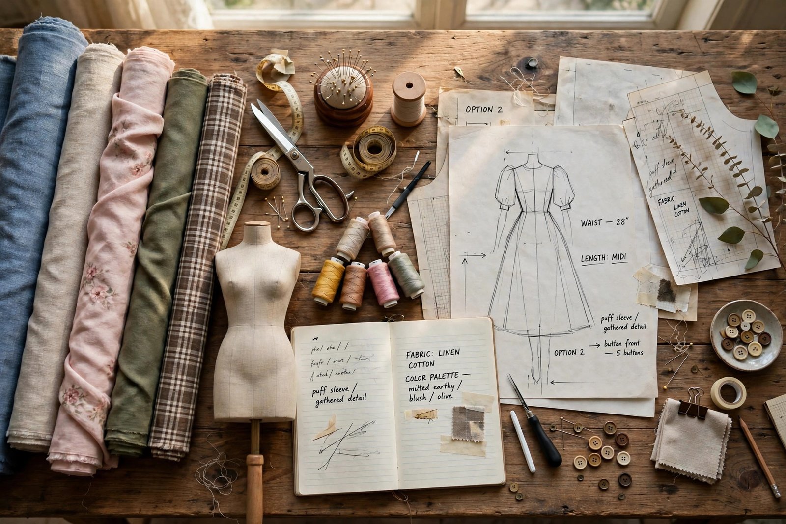 Fashion designer's work table with fabric rolls, sewing tools, and sketches