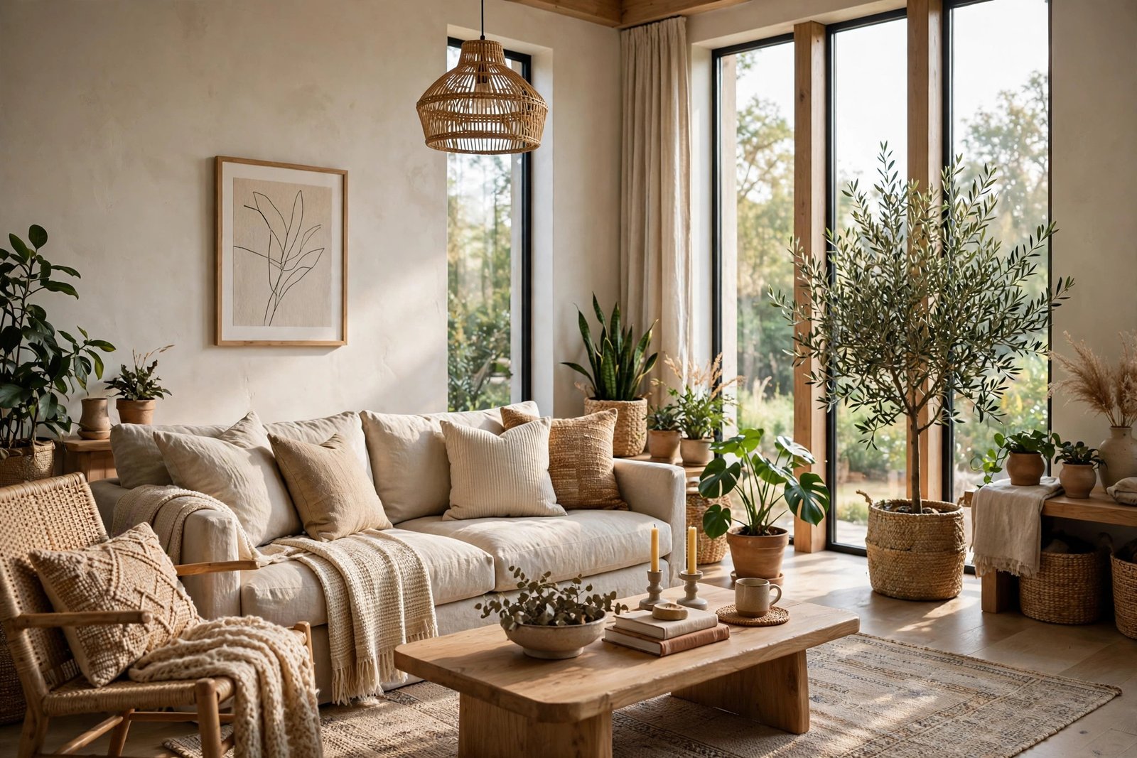 Renovated living room interior with linen sofa and soft natural light