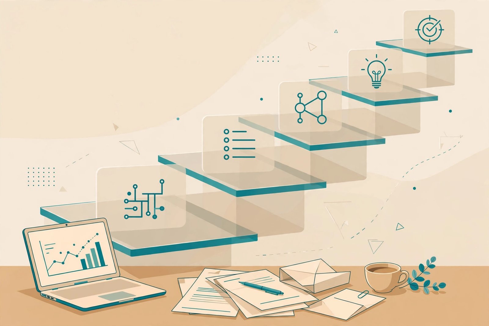 Layered structure of the Pantagonar clarity framework shown as five stacked levels rising from a workspace desk