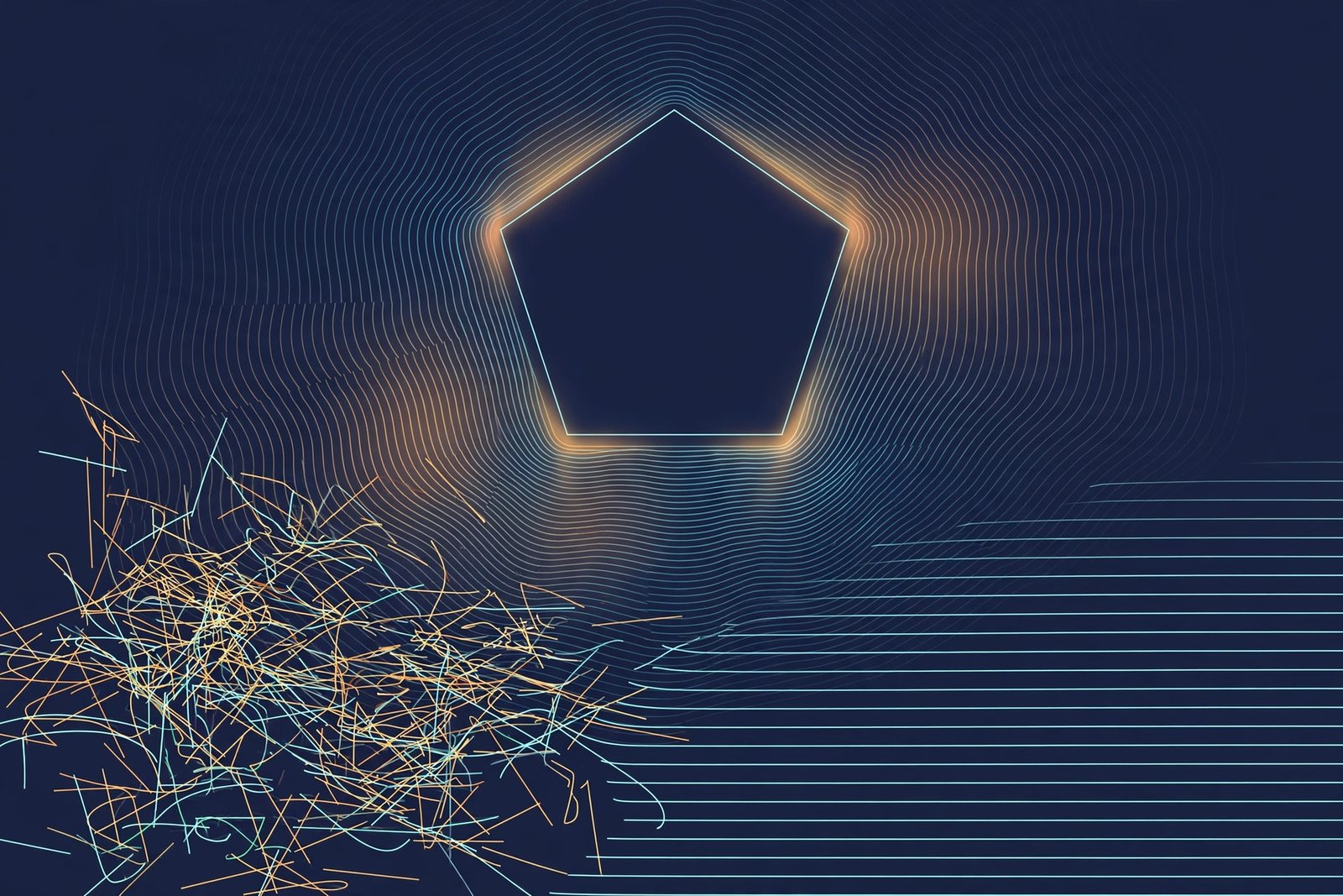 Abstract pentagon motif turning scattered lines into ordered rows, illustrating clarity in digital communication