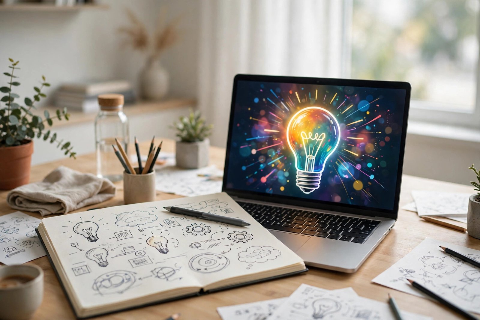 Creative workspace with a laptop, sketchbook, and brainstorming notes illustrating the poieno mindset of intentional creation