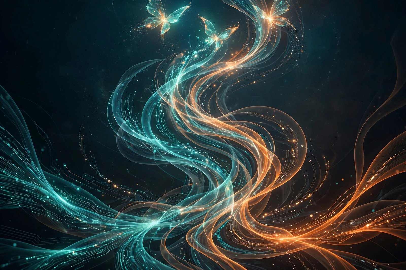 Abstract artwork of flowing data ribbons transforming into glowing shapes, representing transformation and new ideas