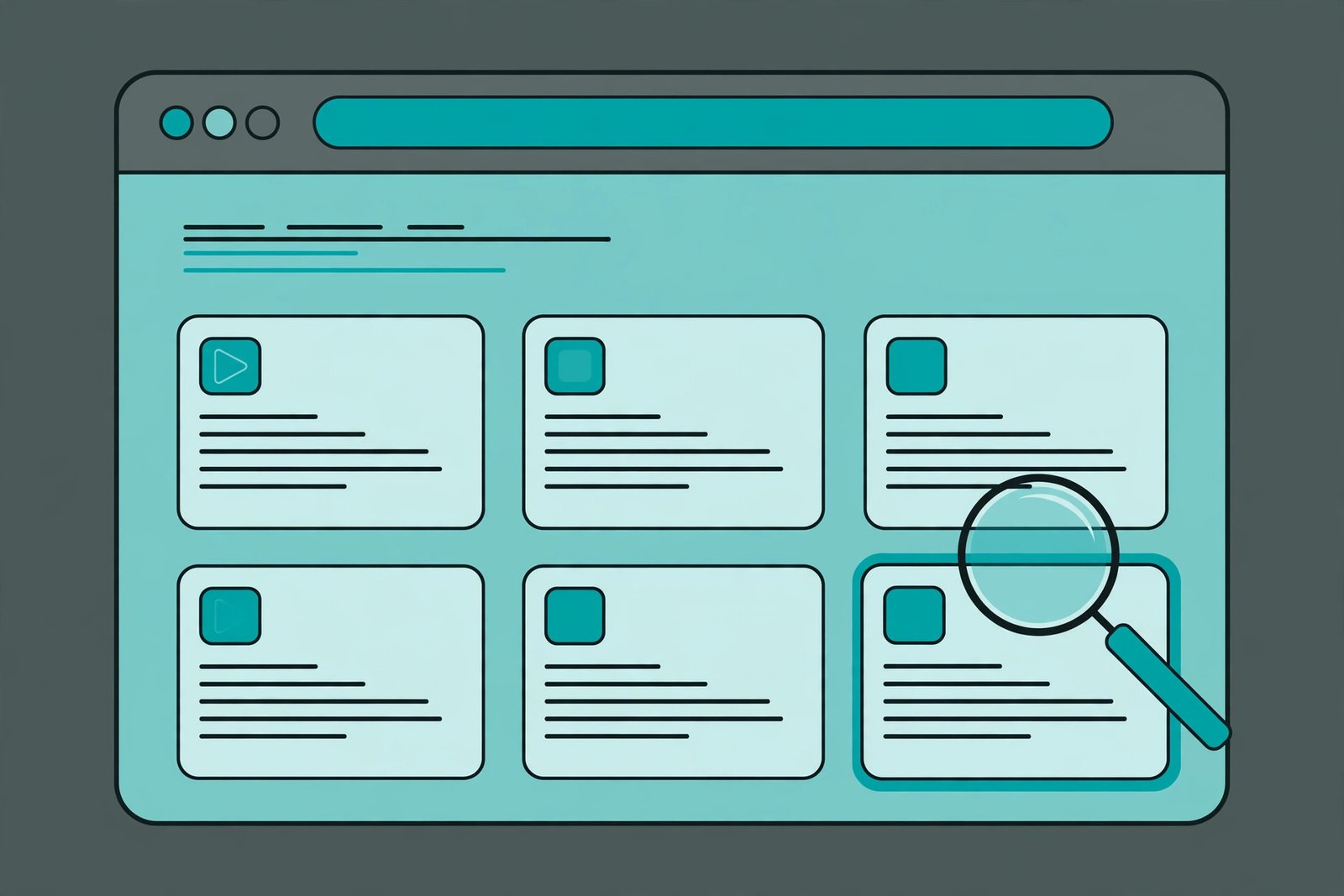 Illustration of a blog archive page listing streaming alternative articles with a magnifying glass over one card