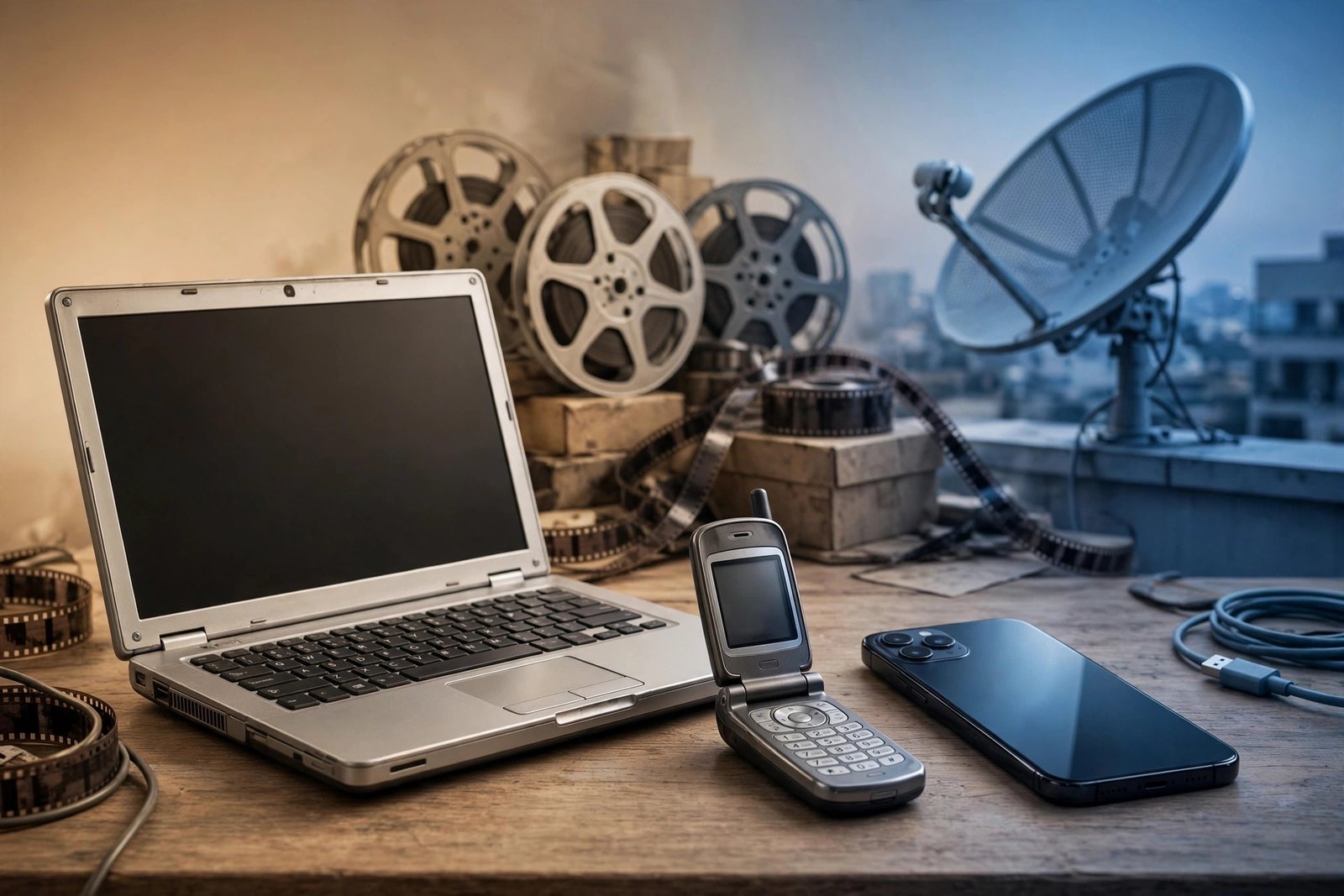Illustration comparing old and new streaming eras: a 2009 era laptop and flip phone beside a modern smartphone with film reels