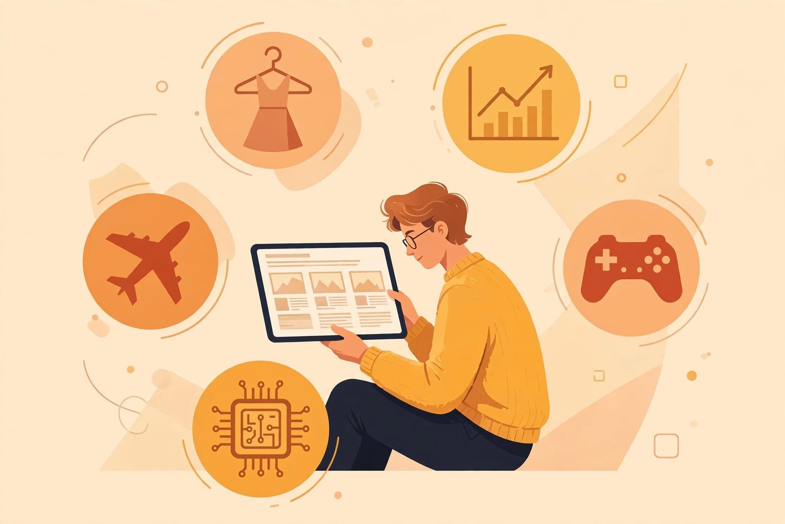 Illustration of a reader browsing articles across fashion, finance, travel, gaming and technology categories