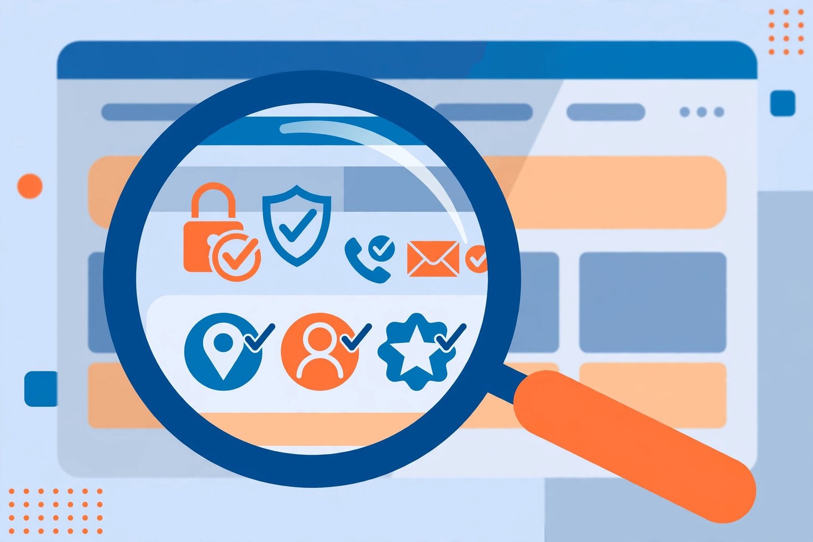 Illustration of a magnifying glass checking a website for trust signals like HTTPS and contact information