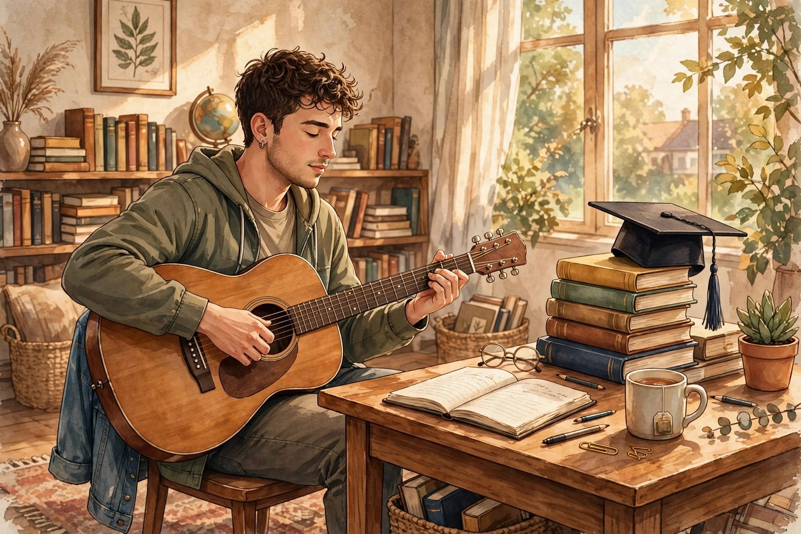 Illustration of a young man playing acoustic guitar beside books and a graduation cap, reflecting Brandon Eric Williams reported interests in music and academics