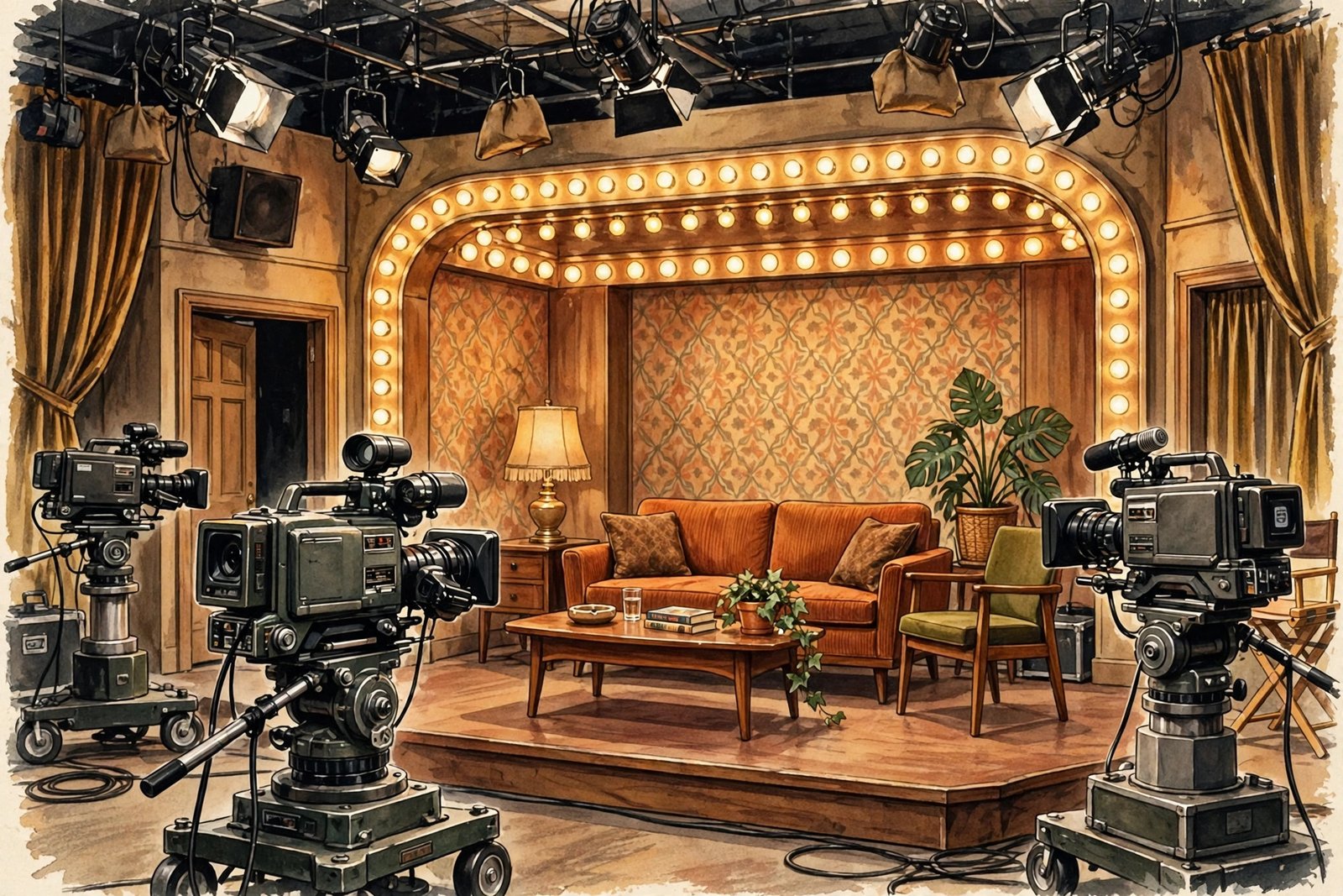 Retro 1970s television studio illustration evoking The Brady Bunch era that made Brandon Eric Williams father Barry Williams famous