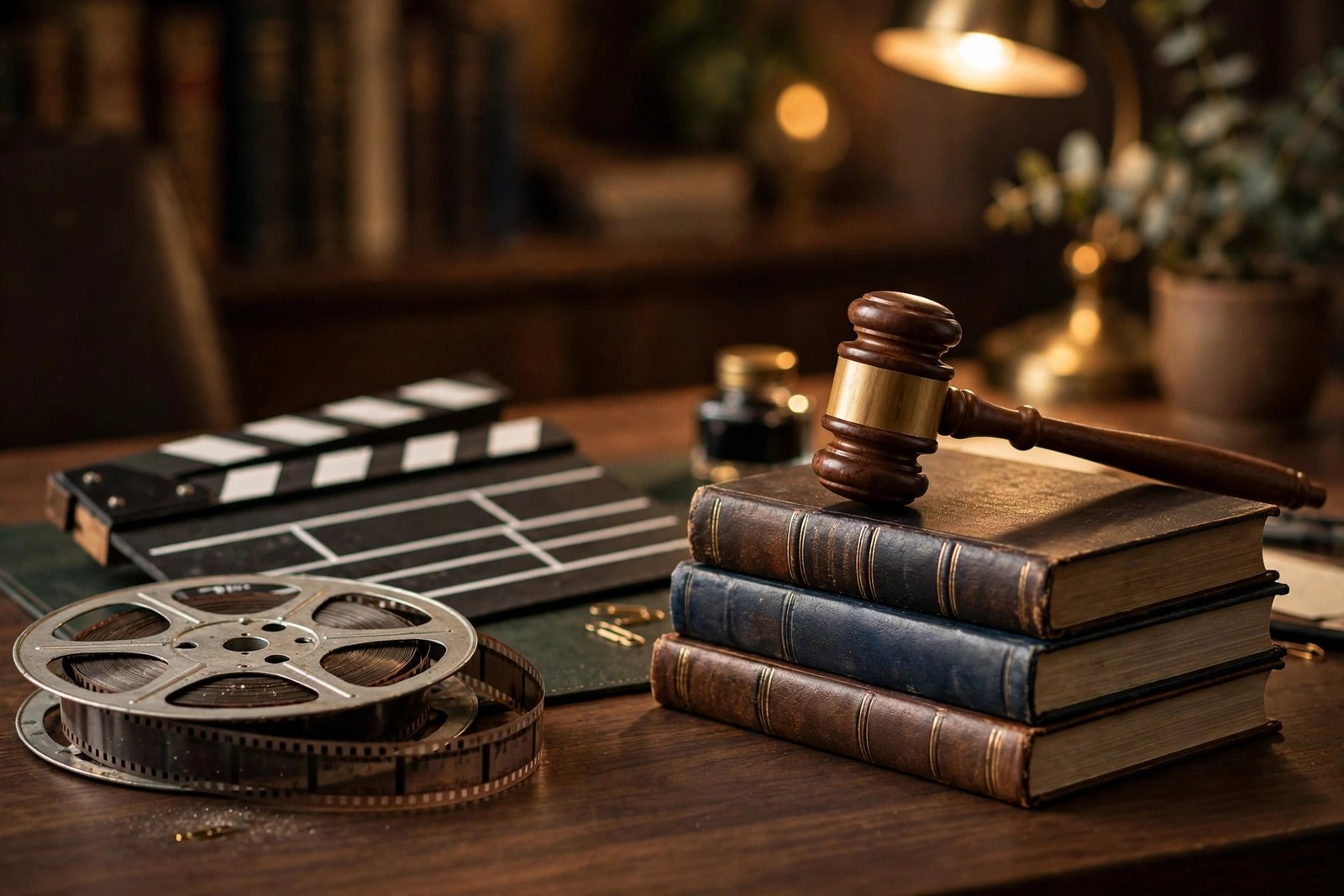 Editorial illustration of an entertainment law office desk with a gavel, film reel and law books, representing Bridget Norris's career as an entertainment attorney