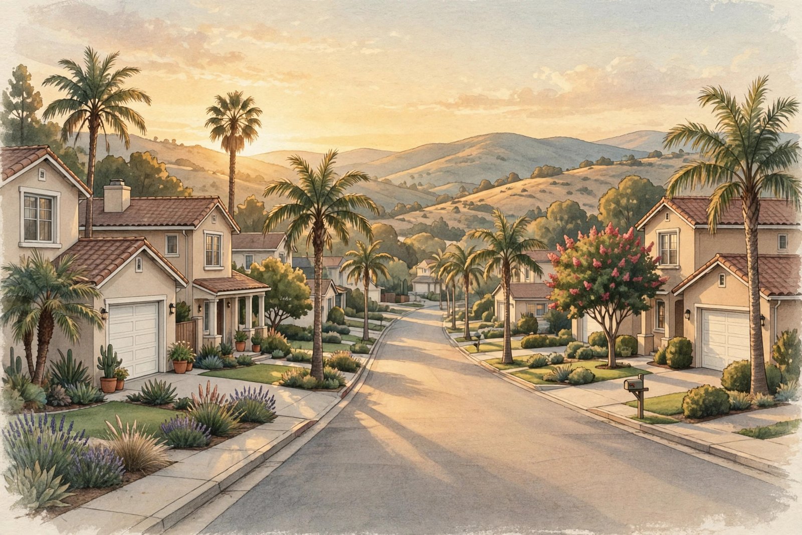 Sunlit suburban California neighborhood at golden hour with palm trees, representing the Norris family's private life in Temecula