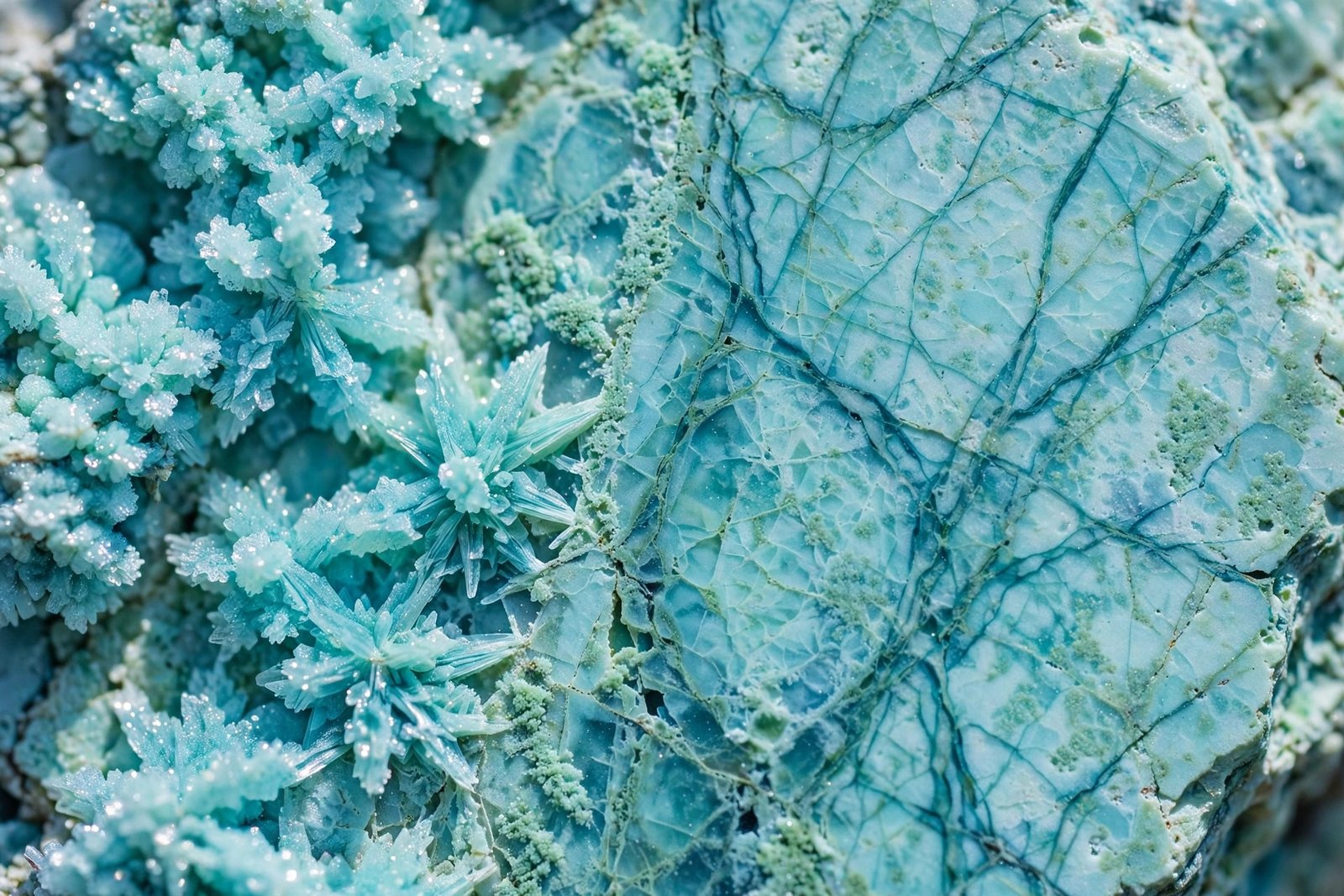Macro photograph of turquoise and aquamarine mineral textures showing cyanova tones in nature