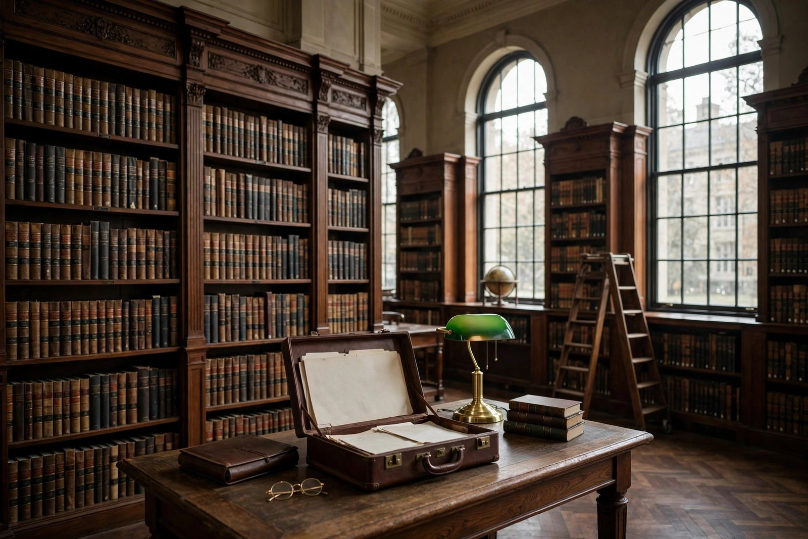 Grand law library with tall wooden shelves of legal volumes, evoking Eli Kay-Oliphant's years of legal education