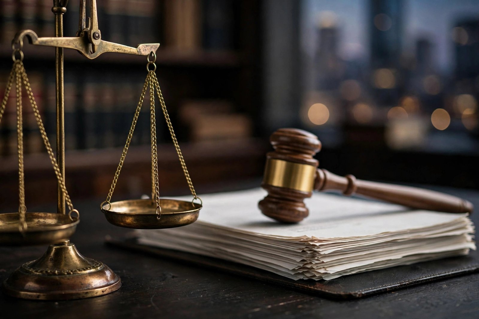 Brass scales of justice and gavel on legal documents in a Chicago law office