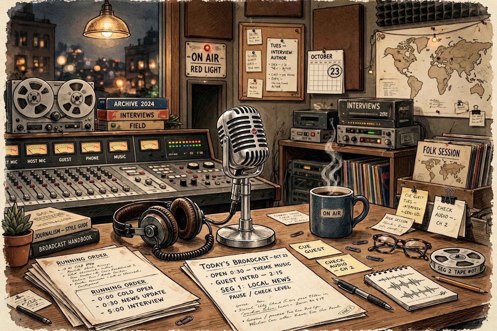 Editorial illustration of a radio broadcast production studio, representing Felicia Chappelle Jones's production assistant work behind the scenes in media