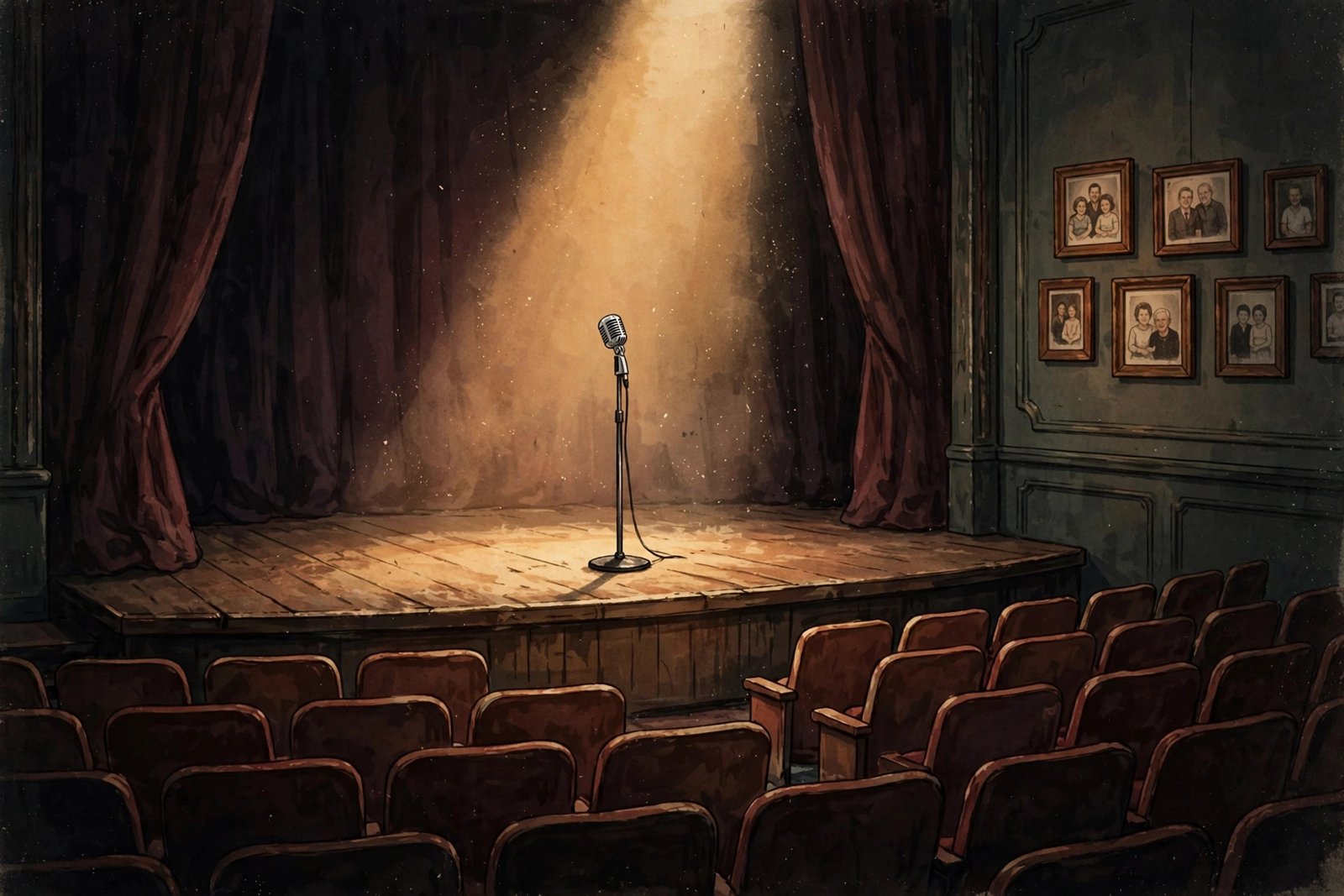 Editorial illustration of a comedy stage with a single spotlighted microphone, symbolizing the Chappelle family's connection to entertainment and performance