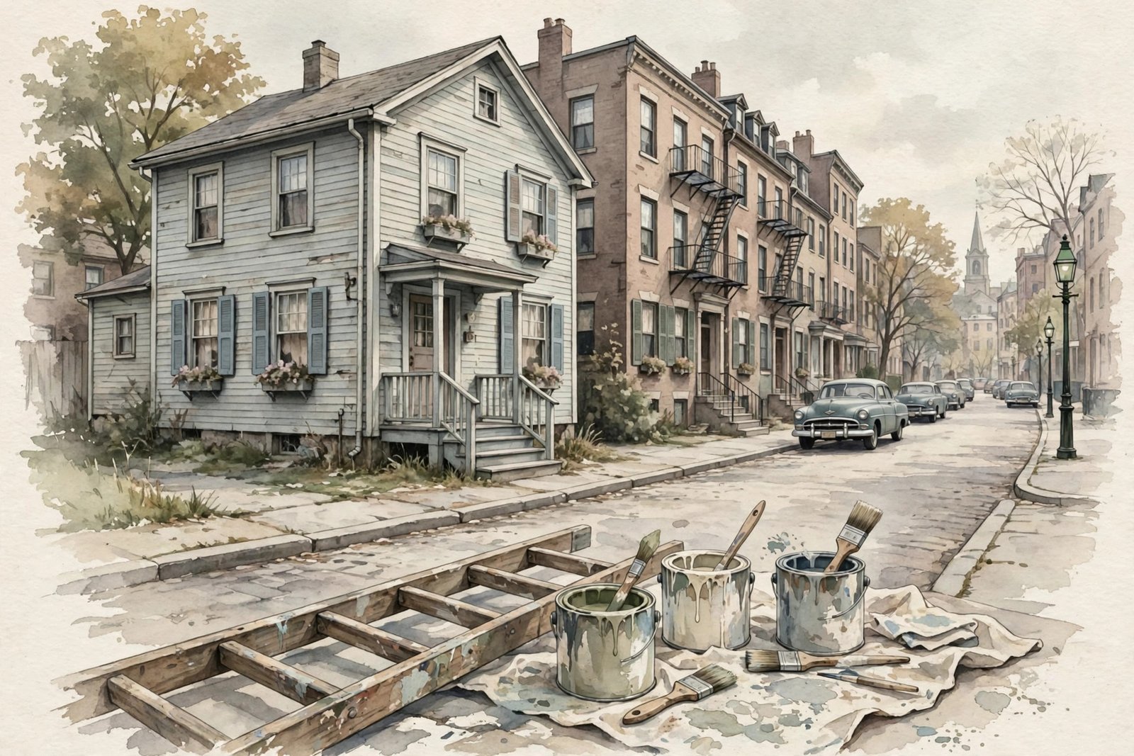 Illustration of a 1950s Boston street and modest home with a painter's ladder and paint cans