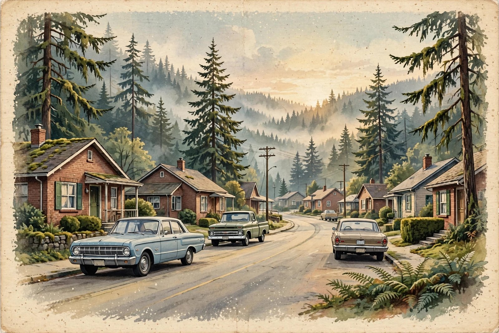 Nostalgic 1960s Pacific Northwest town street illustration, evoking the Washington state years of Marcella Samora's early life
