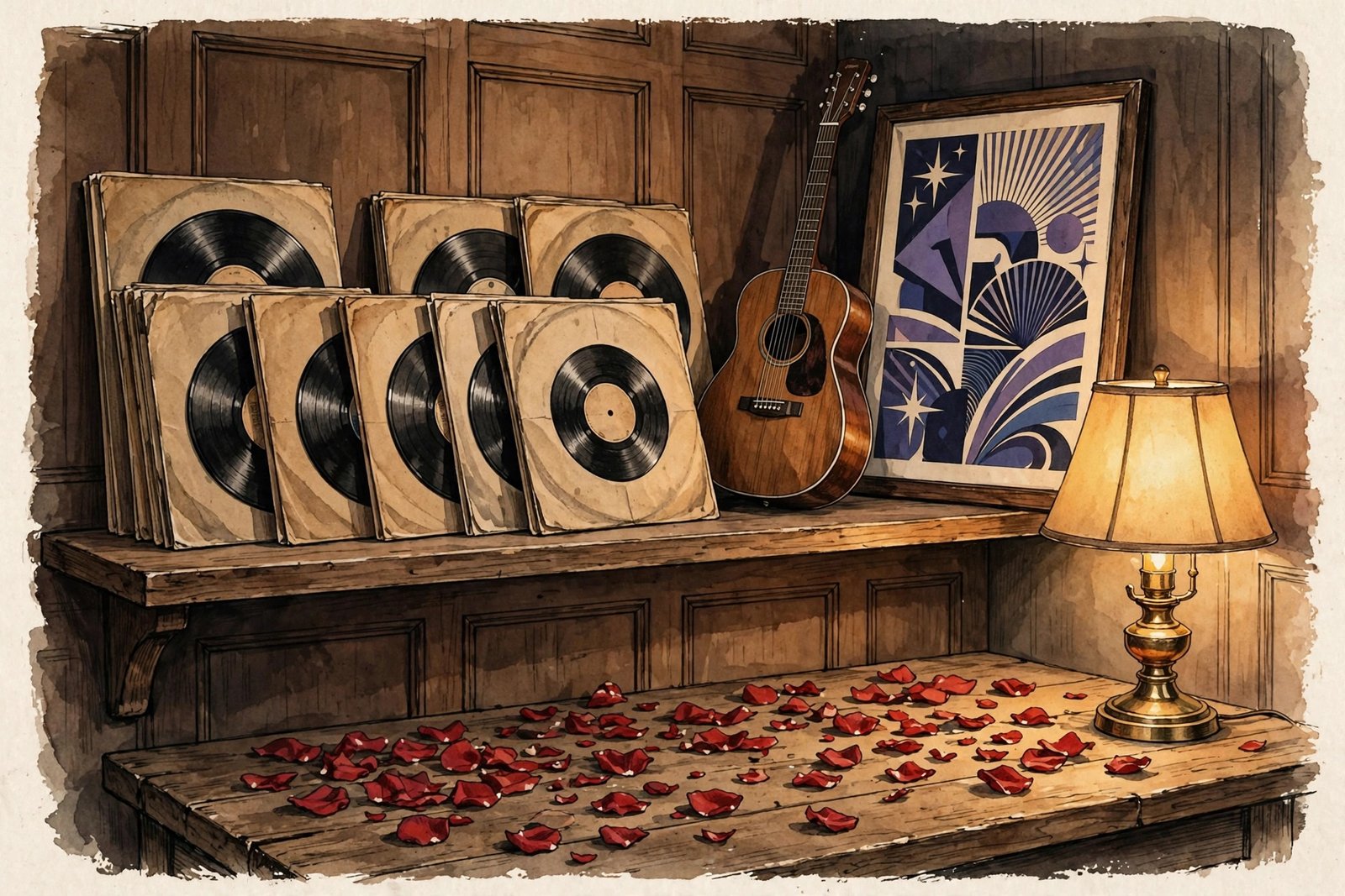 Illustration of a warmly lit shelf of music memorabilia with vinyl records, a guitar, and rose petals, evoking the Quintanilla family's preserved musical legacy