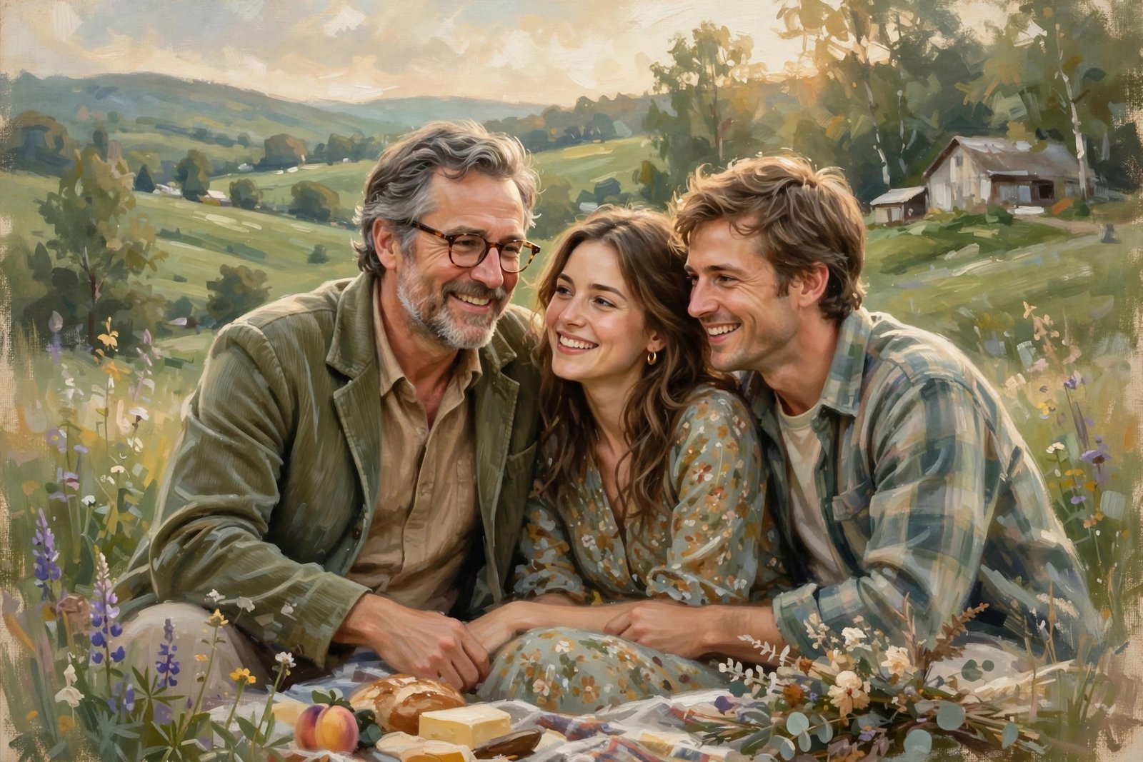 Artistic family portrait concept of a warm, close-knit Hollywood family gathered outdoors
