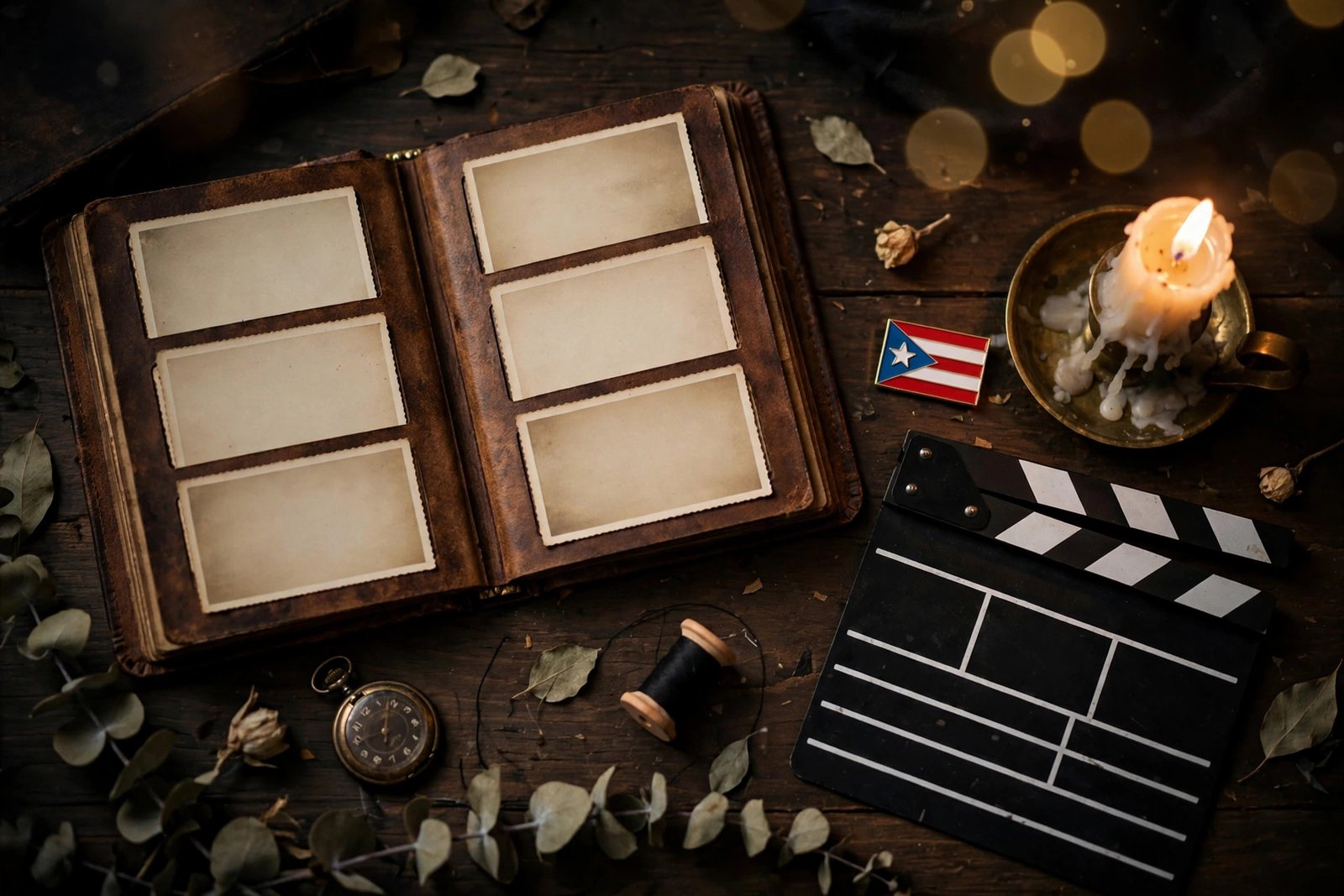 Concept flat-lay of a vintage family photo album and film memorabilia for a celebrity biography