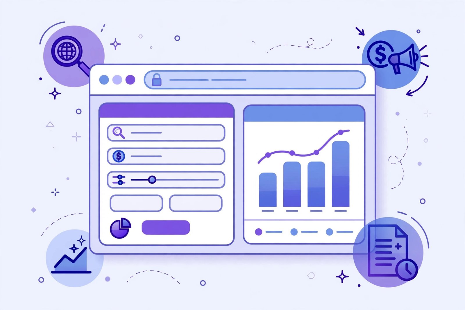 Illustration of website and SEO budget planning tools covered in the nemin.io guide