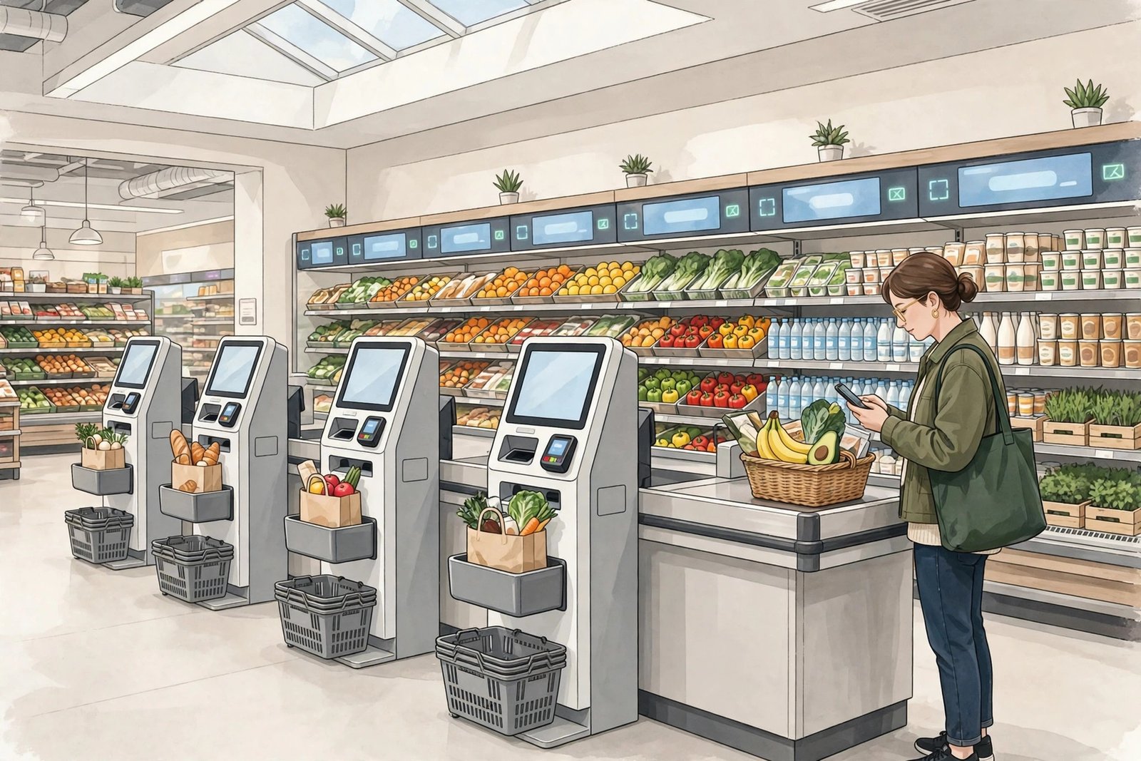 Illustration of a modern supermarket checkout area with self-checkout kiosks, a shopper scanning groceries on a smartphone, and digital price displays on shelves