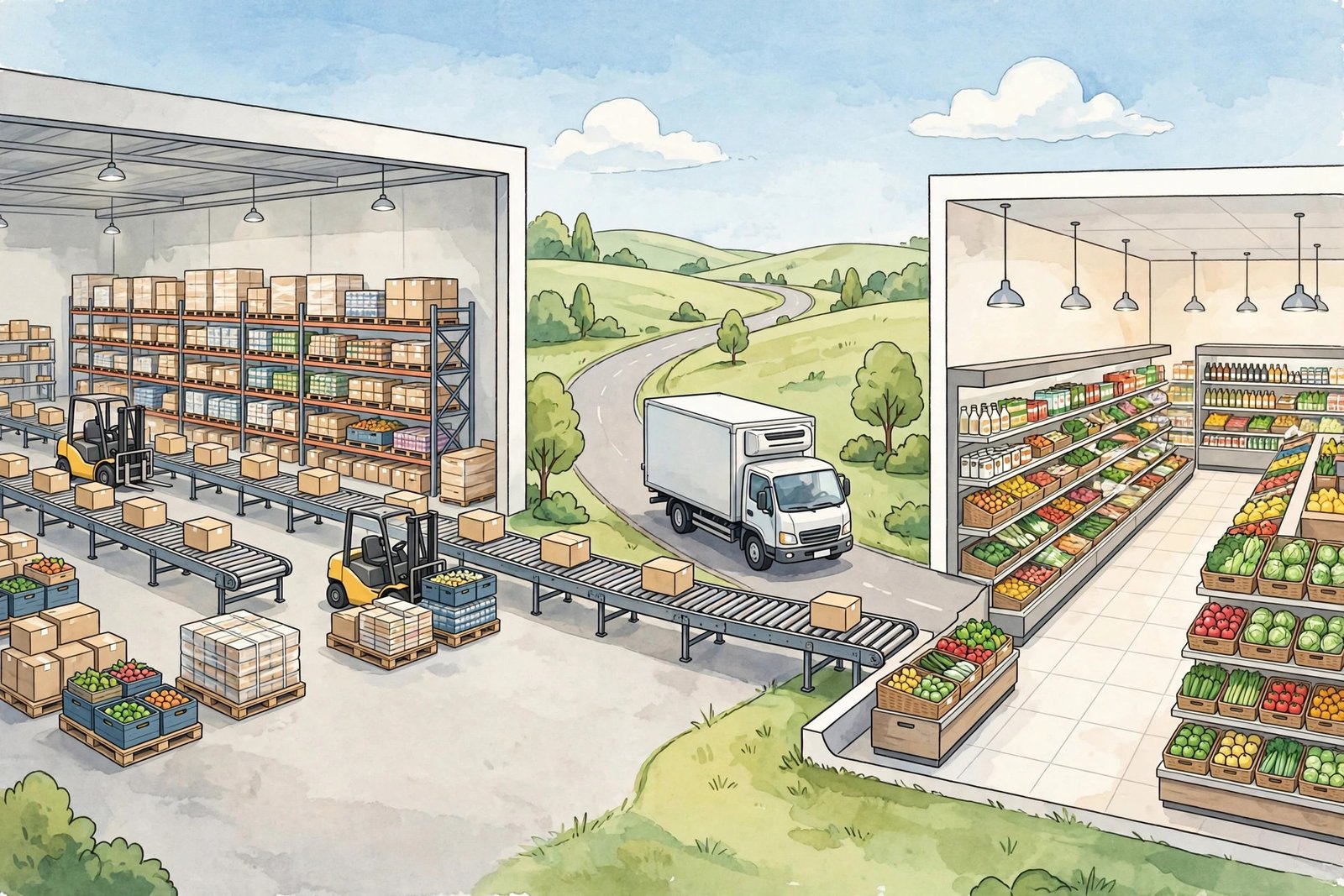 Illustration of a supermarket supply chain showing a distribution warehouse, a refrigerated delivery truck, and store shelves monitored by inventory software