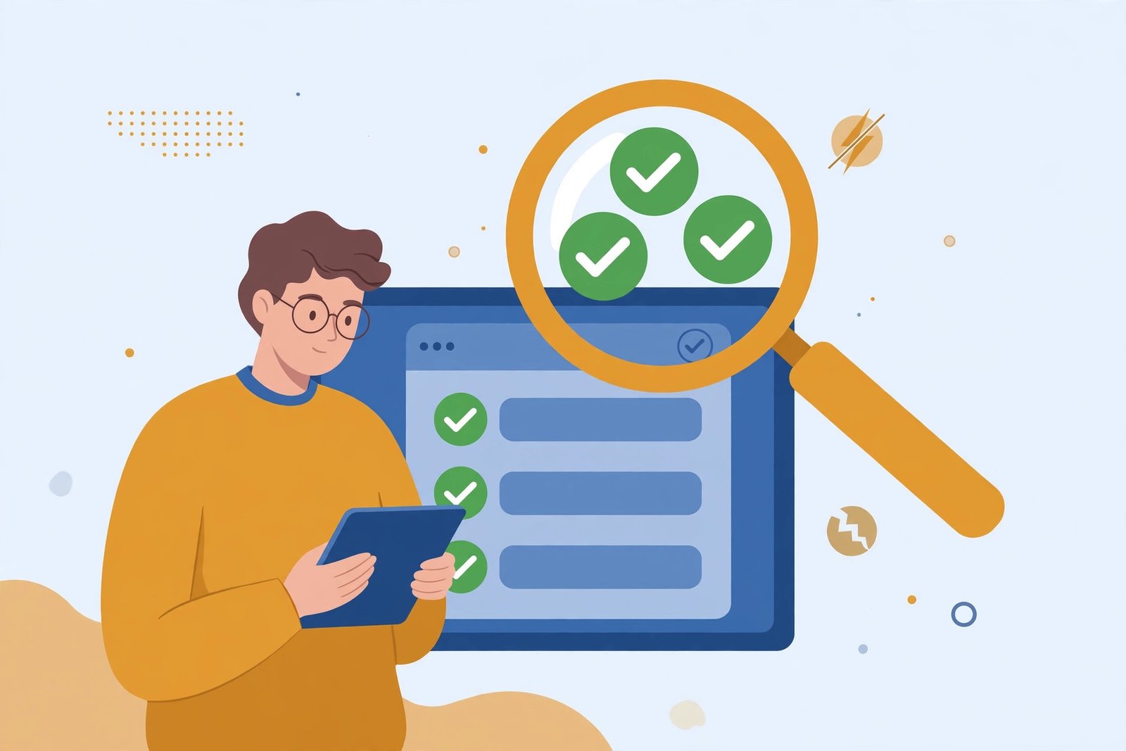 Illustration of a person holding a tablet beside a browser window, with a magnifying glass revealing green checkmark badges