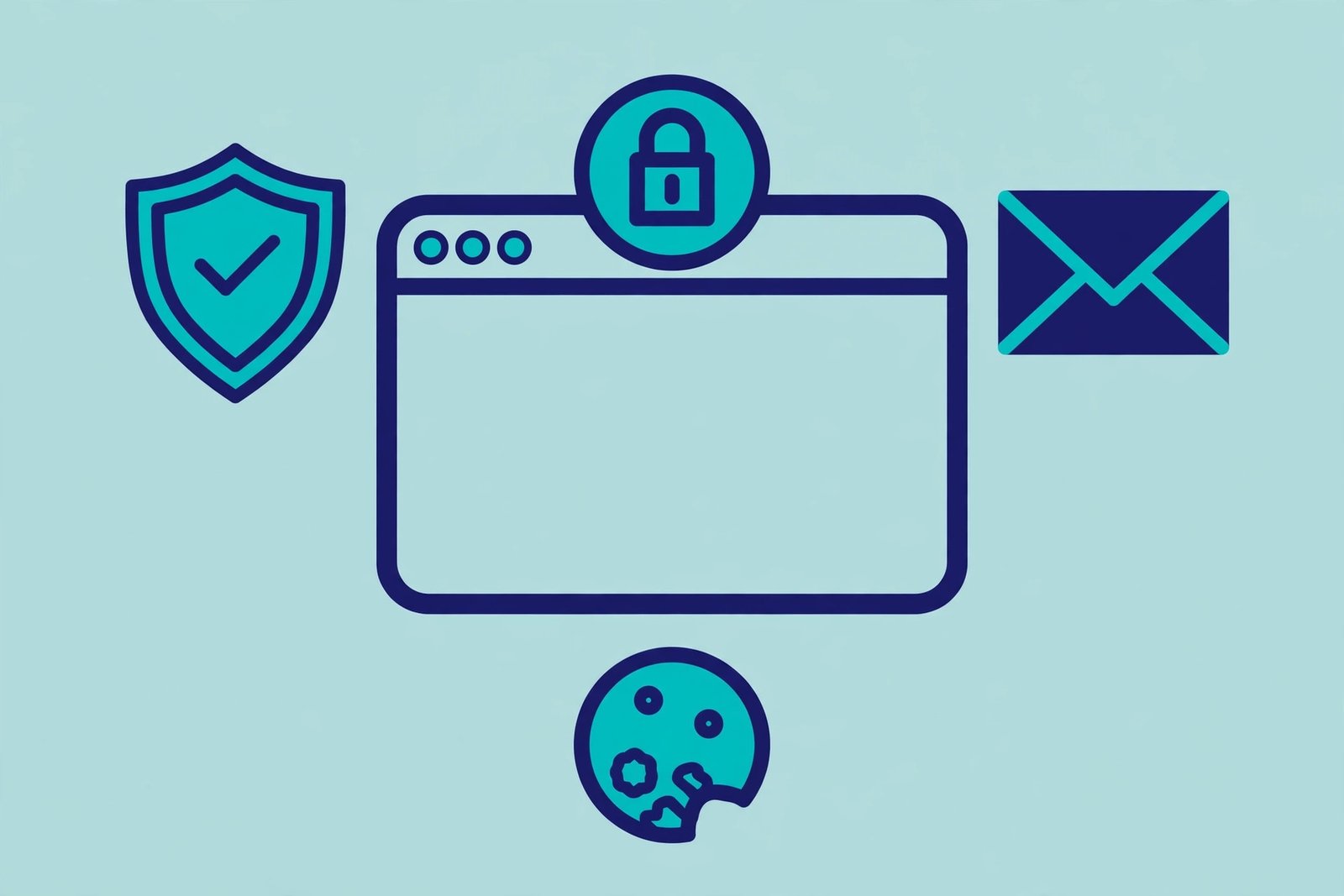 Illustration of digital privacy icons: a shield, a browser window with a padlock, an envelope, and a cookie