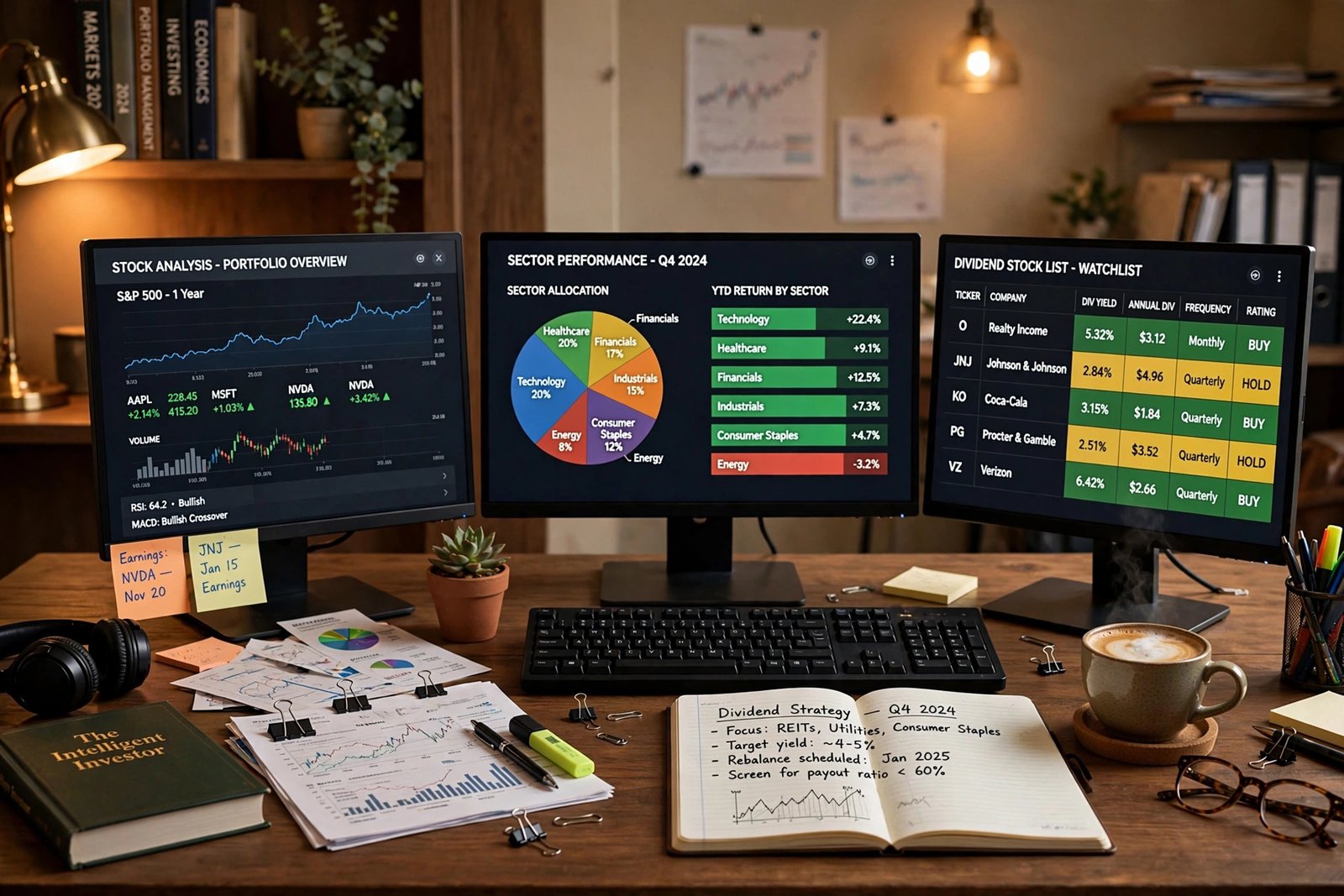 Investor researching dividend stocks and sector performance across multiple monitors