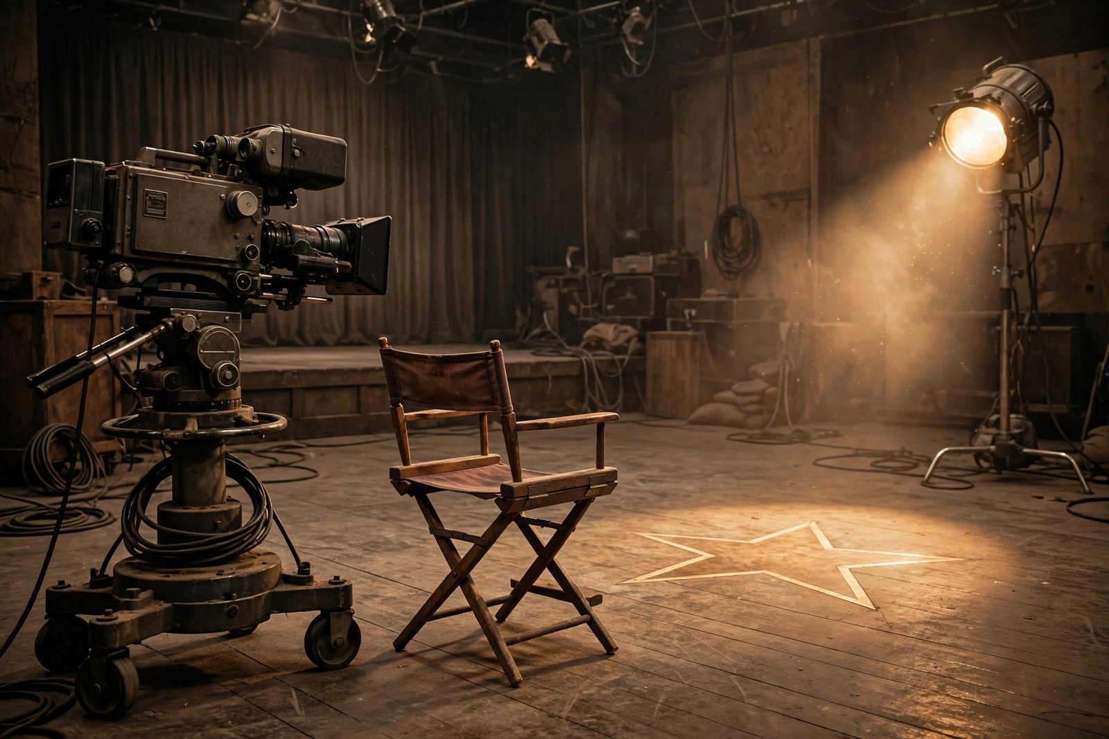 Vintage 1970s television studio camera and director's chair under a warm spotlight, evoking the golden age of Hollywood television when Ed Asner became a star