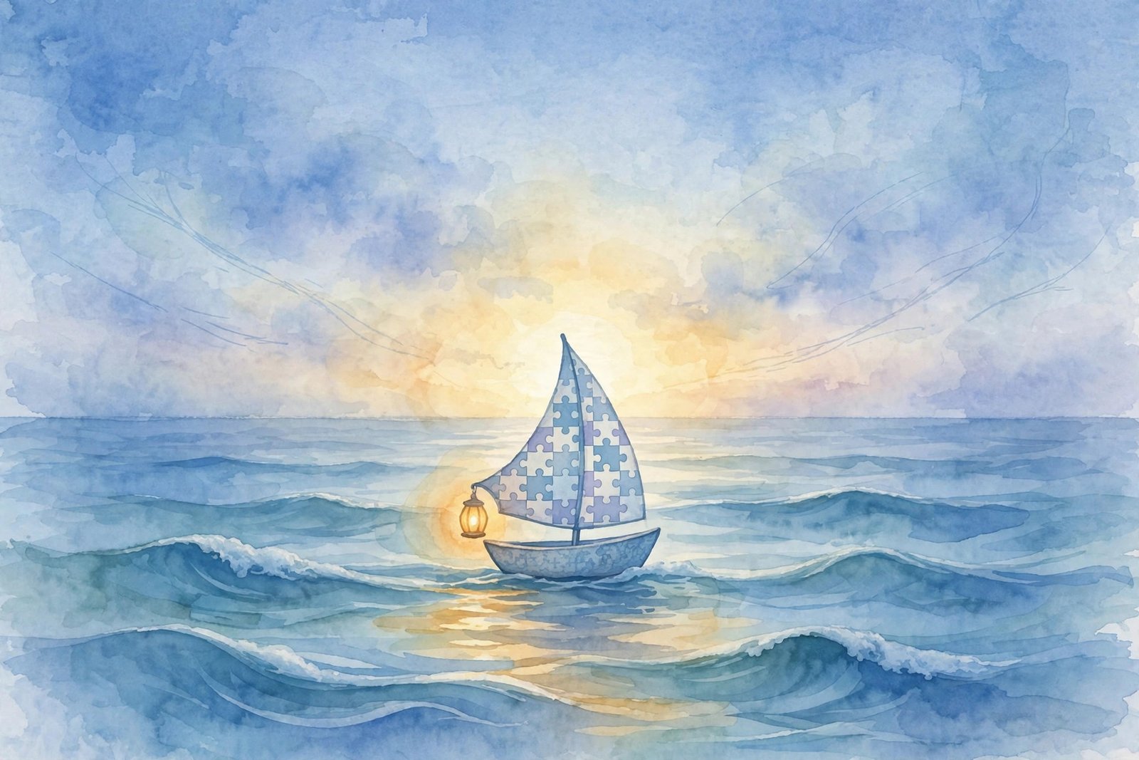 Watercolor illustration of a small sailboat carrying a glowing lantern across calm waves at sunrise, a gentle symbol of hope and autism advocacy