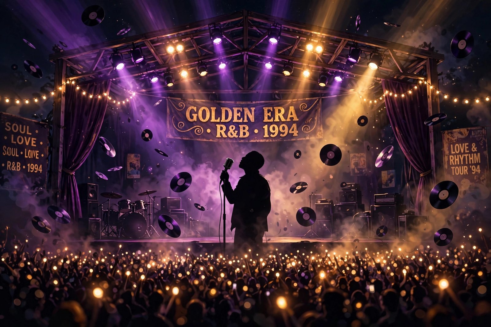Cinematic illustration of a 1990s R&B concert stage with a singer silhouette at a microphone under purple and gold lights