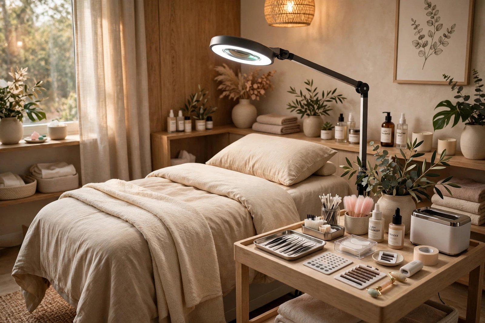 Cinematic illustration of an elegant lash extension treatment station in a modern beauty studio with warm lighting