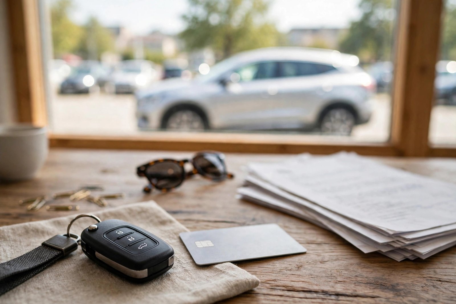 Rental car key fob and credit card on a desk beside a blurred document, a rental car visible through a window