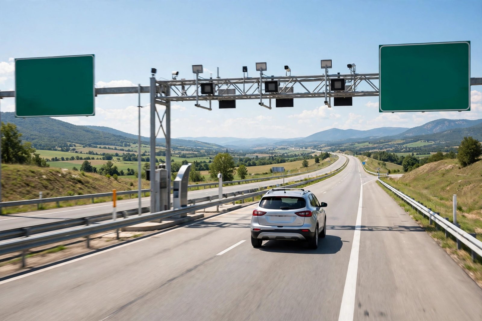A rental car driving through an electronic toll lane on a sunny highway with route signs ahead