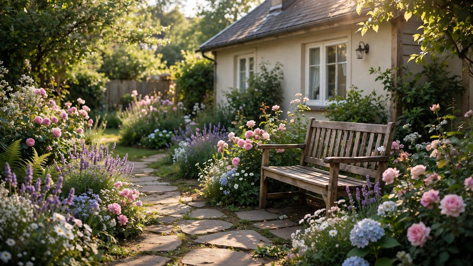Sunlit garden path with blooming flowers and a wooden bench, evoking the quiet private life Gina Martin Wilson chose away from fame