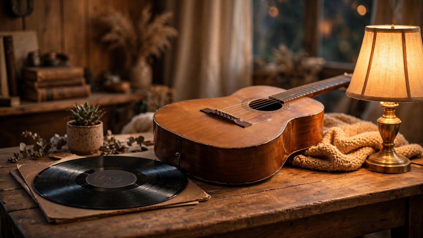 Vintage vinyl record and acoustic guitar on a wooden table in warm lamplight, a nostalgic nod to the musical legacies of the Martin and Wilson families