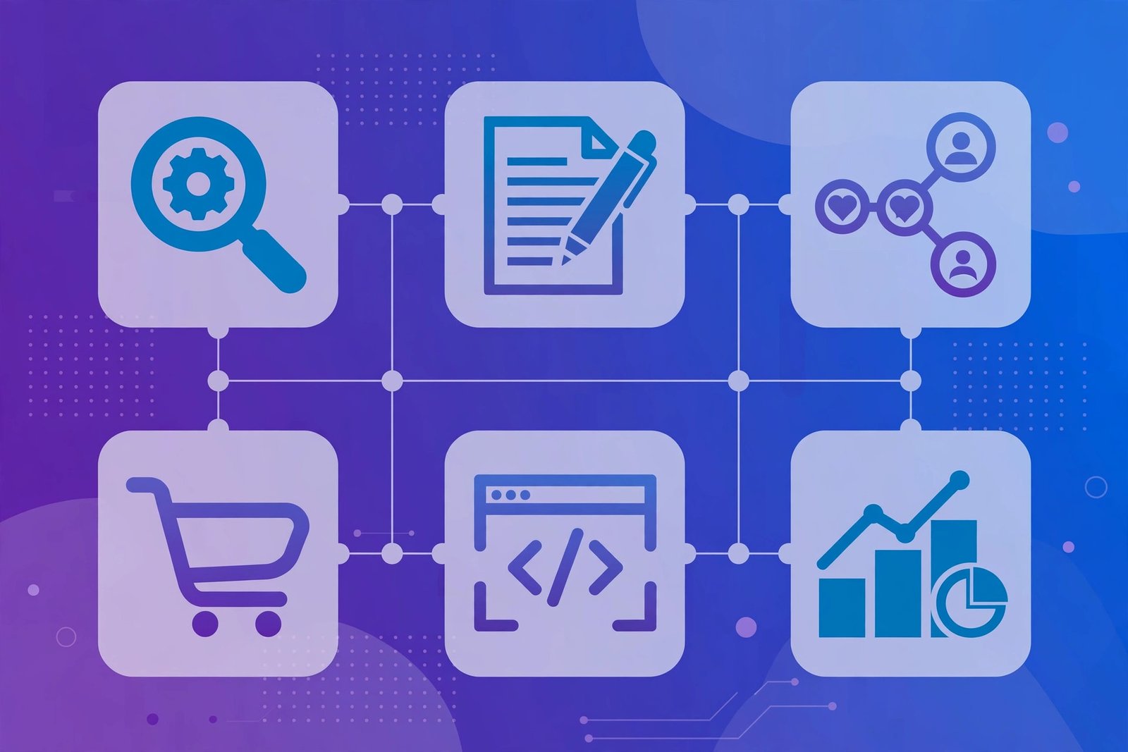 Grid of digital marketing service icons for SEO, content writing, social media, ecommerce, web development, and analytics