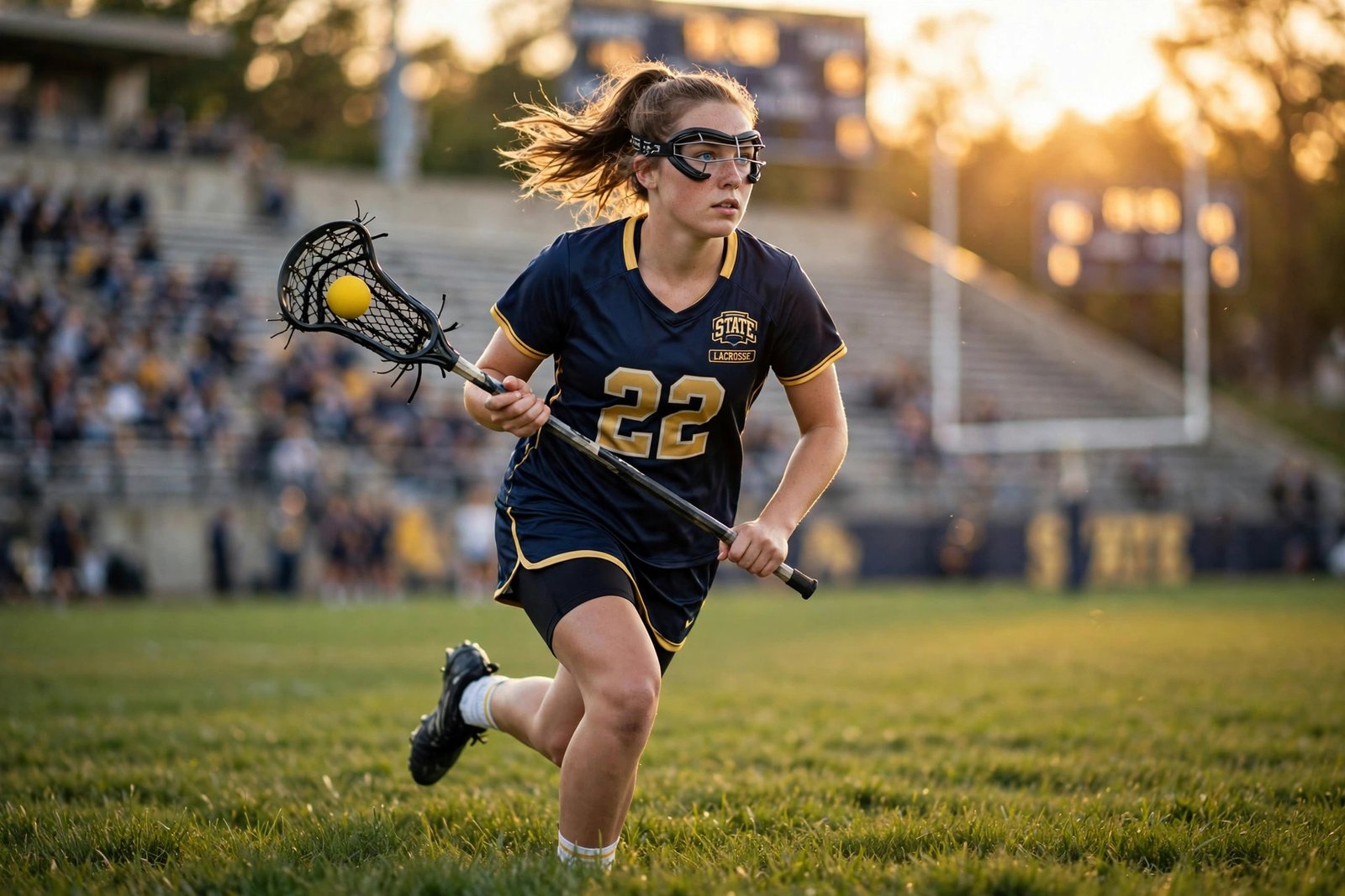 Young female college lacrosse player running with a lacrosse stick at sunset
