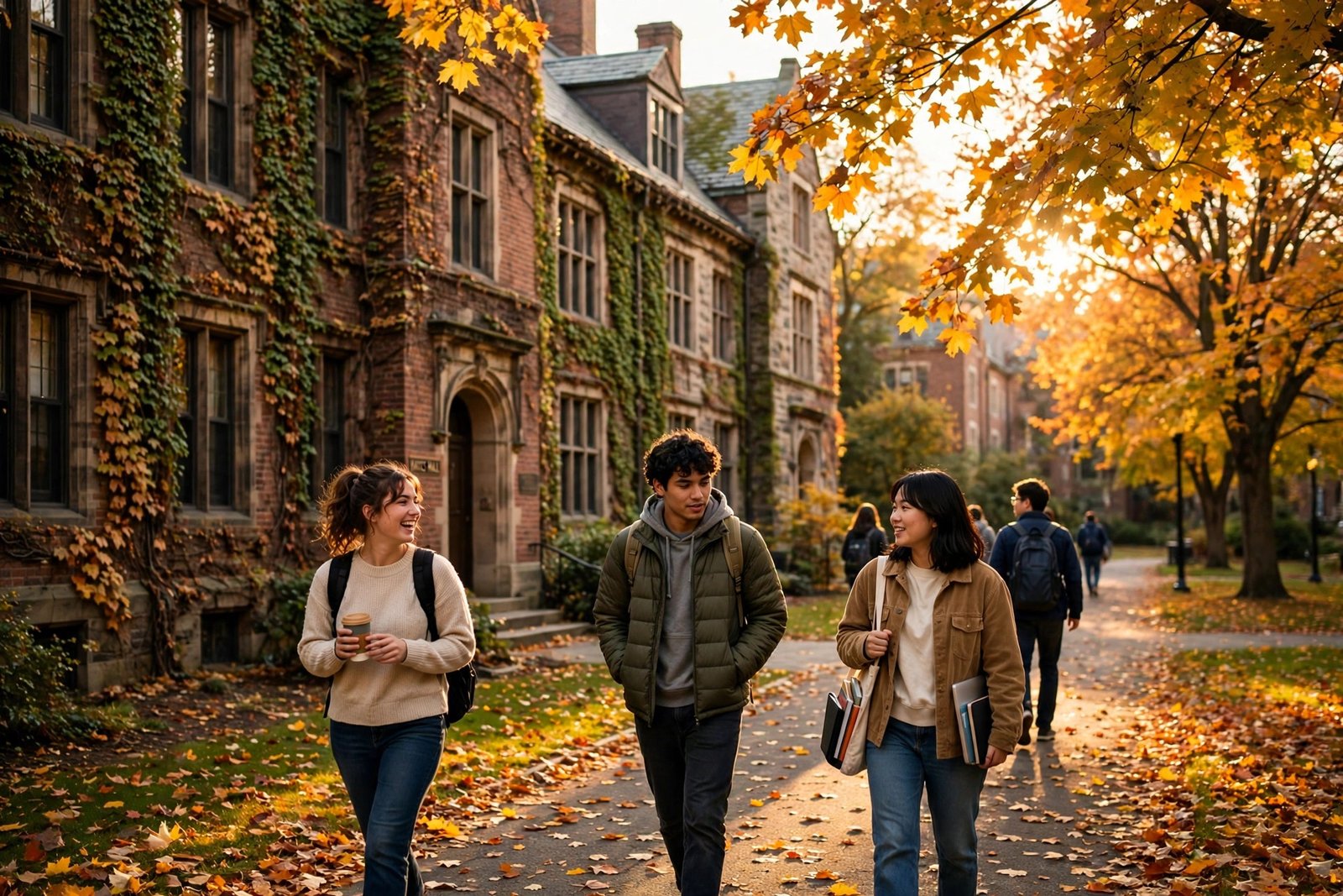 Autumn view of a university campus with ivy-covered brick buildings