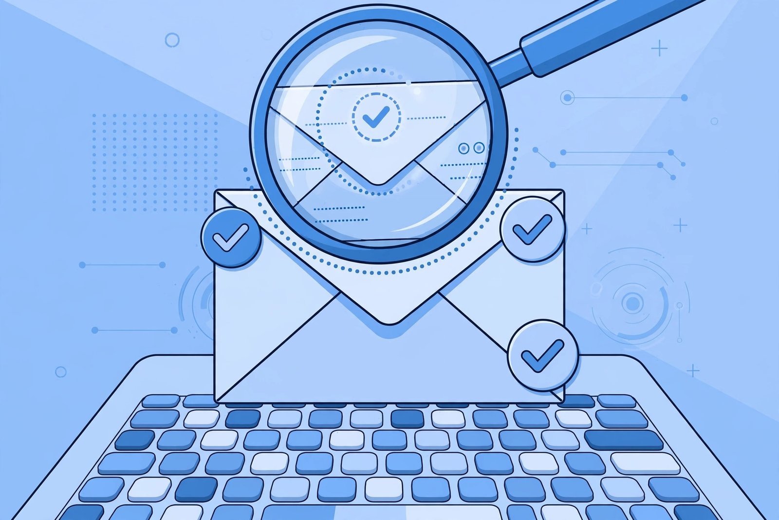 Email verification concept with a magnifying glass over an envelope in the magazineluiza com br email format guide
